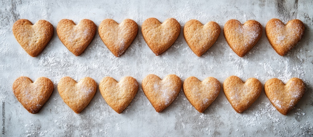 Poster heart-shaped cookies arranged neatly on a rustic surface, dusted with powdered sugar, perfect for va