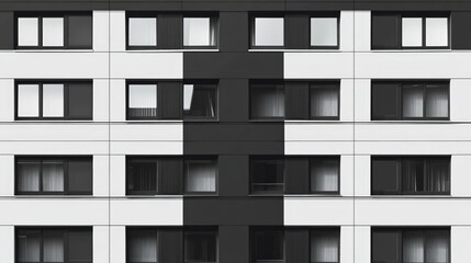 Obraz premium Facade of modern apartment building in black and white showcasing geometric patterns and window arrangements for architectural design themes