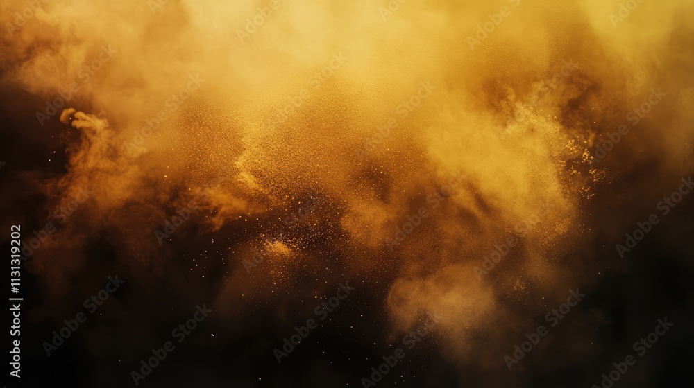 Poster dynamic dust explosion captured in motion with rich golden tones isolated on a contrasting backgroun