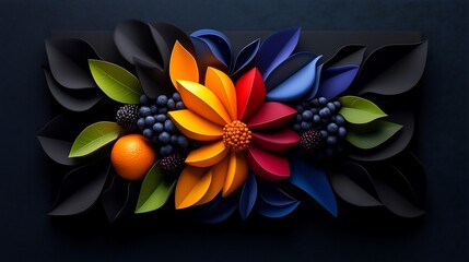 Vibrant Paper Flower with Fruit and Dark Leaves Still Life