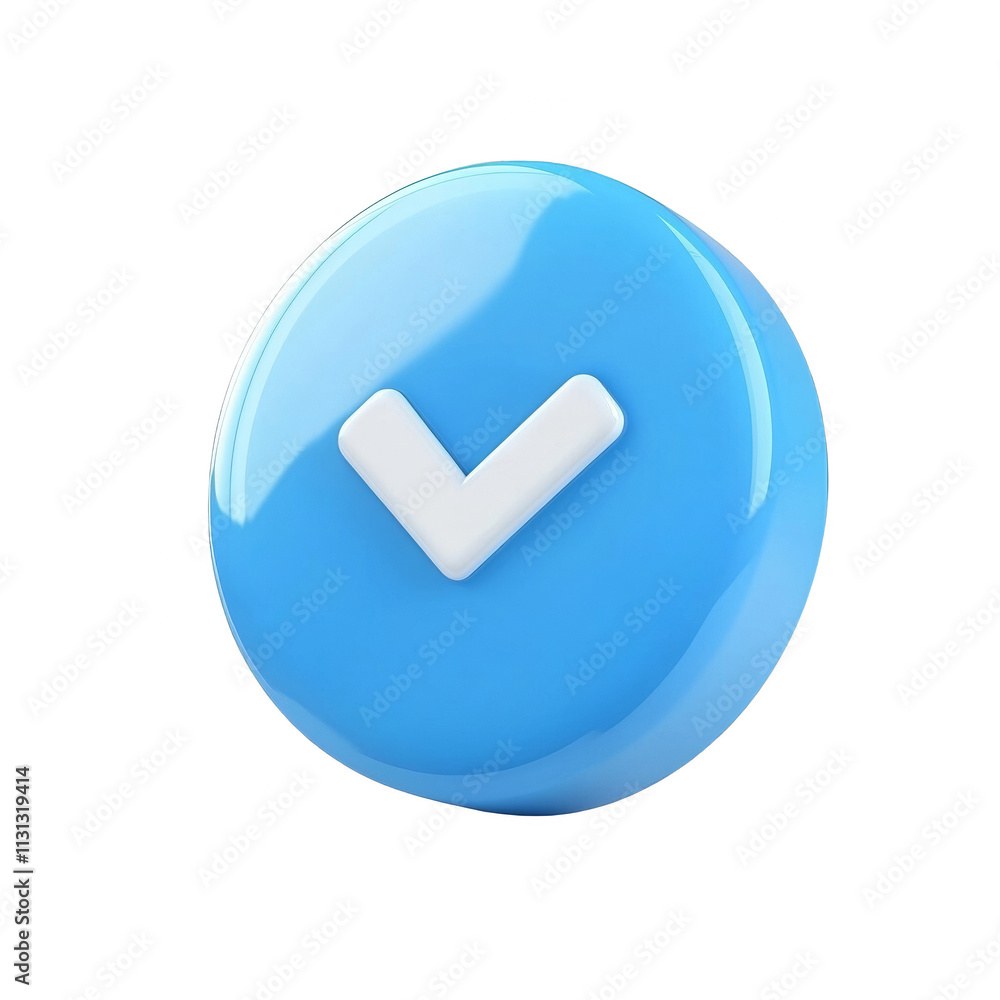 Poster 3d rendered blue button with white check icon on transpsrent background
