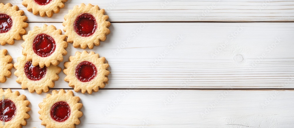 Aufkleber delicious linzer cookies arranged on a white wooden surface with ample space for adding text or mark