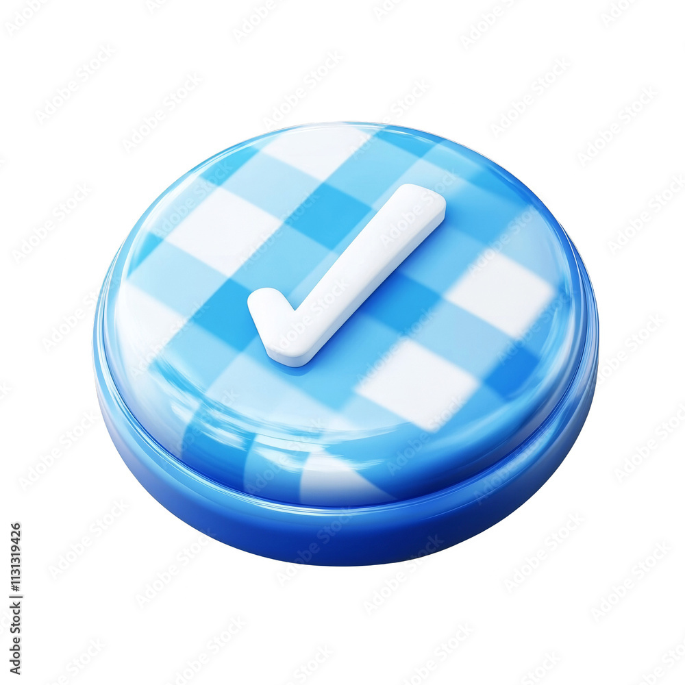 Poster 3D Rendered Blue Button with White Check Icon on transpsrent Background