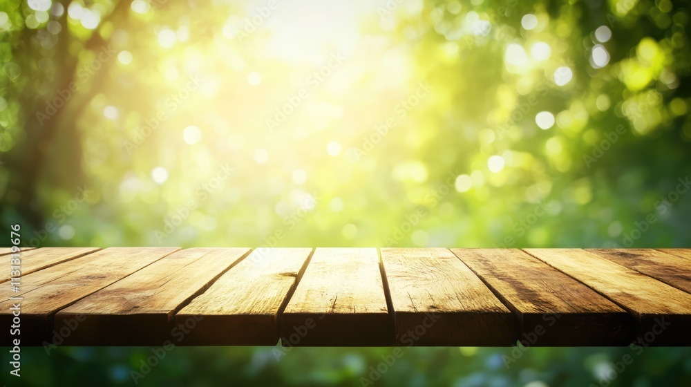 Aufkleber wooden table with blurred bright kitchen background and golden bokeh sunlight creating a warm and in