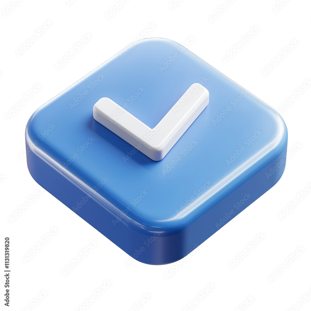 Poster 3d rendered blue button with white check icon on transpsrent background