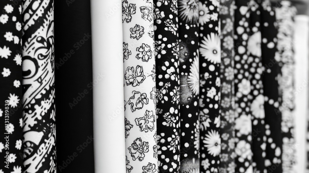 Poster black and white fabric patterns displayed in a tablecloth store showcasing retro designs and texture