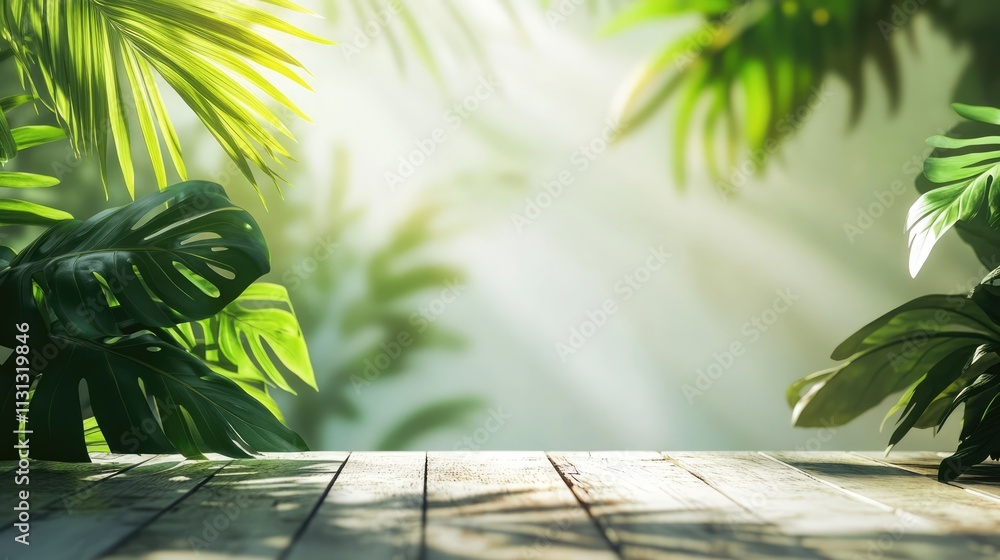 Poster tropical greenery with sunlight filtering through foliage creating serene natural background ideal f