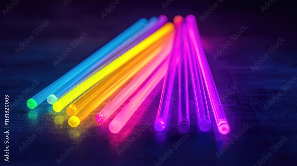 Poster colorful neon glow sticks arranged in a dynamic display on a dark background showcasing vibrant and 