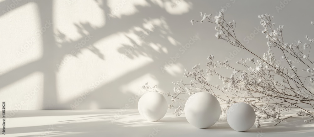 Poster minimalistic white backdrop with geometric decorative balls and delicate branches creating a serene 