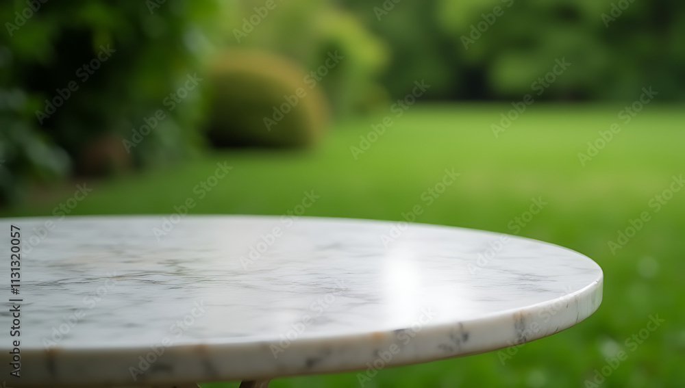 Poster A selective focus image of a circle marble table top on a blur green garden background is suitable for a key visual or design layout._00003_