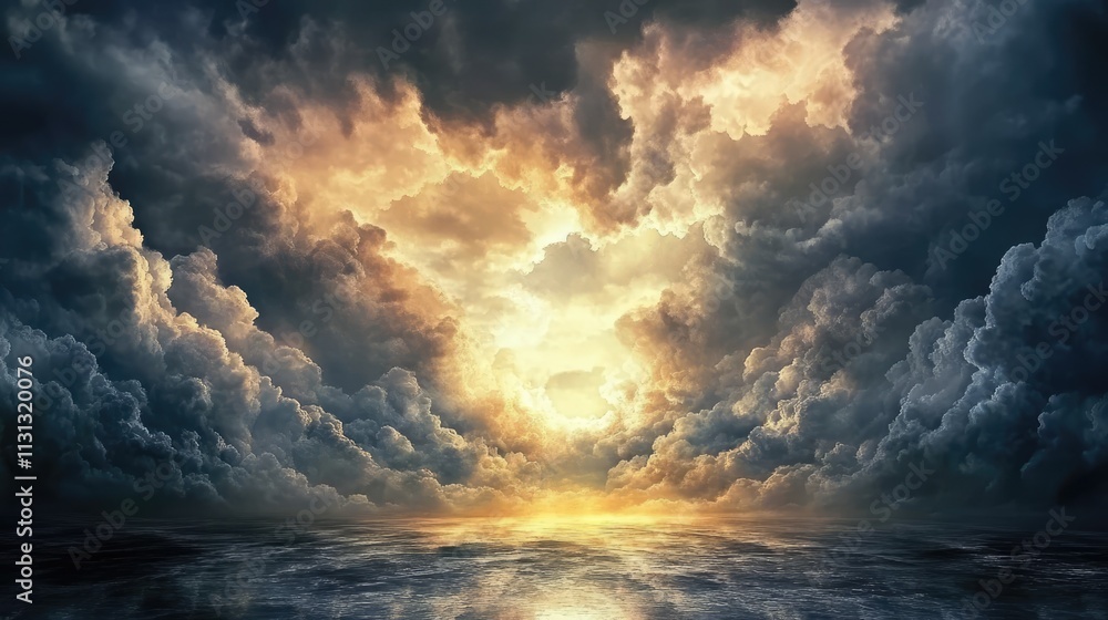 Aufkleber dramatic evening clouds illuminated by sunlight reflecting on a serene lake creating a captivating a