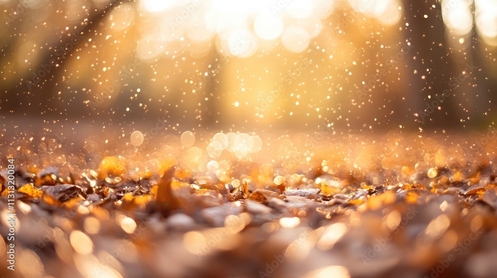 Poster golden autumn leaves on the ground with soft bokeh background capturing warm sunlight and glittering