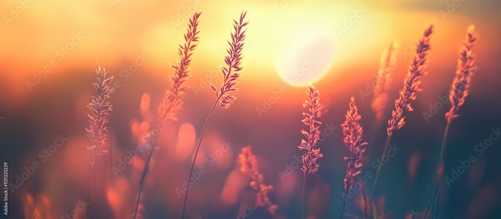 Poster serene sunset over grassy fields with warm hues and soft light creating a tranquil natural backgroun
