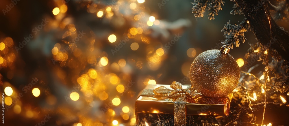Poster golden bokeh backdrop with shimmering ornaments presents and a candle under a christmas tree creatin
