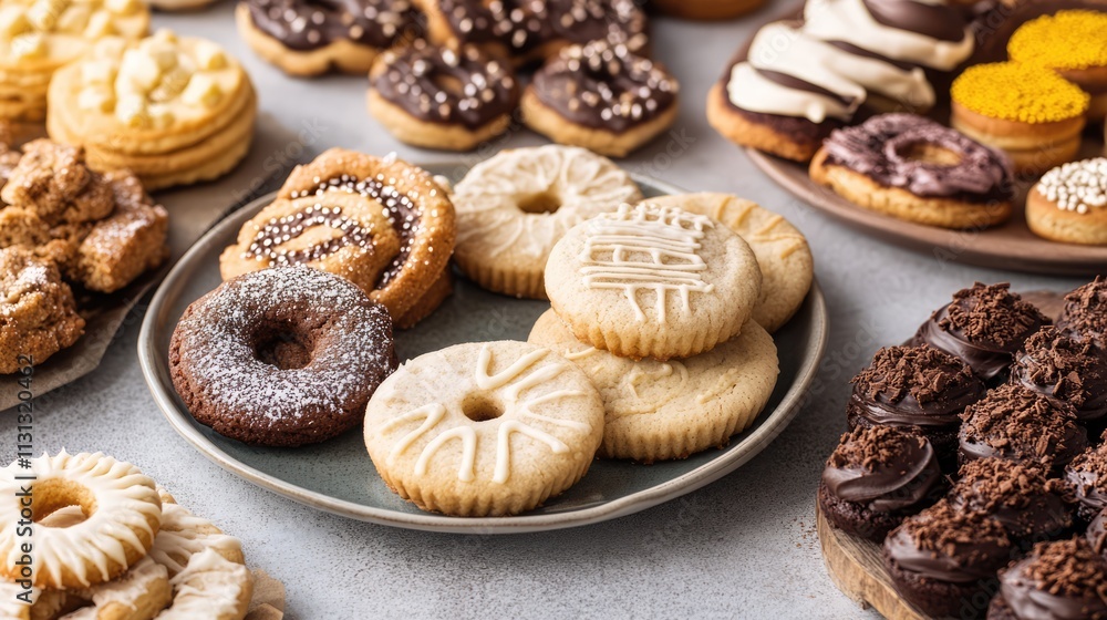 Poster assorted gluten free cookies displayed on a platter with selective focus showcasing variety and text