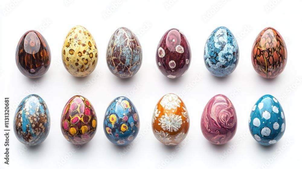 Poster hand painted easter eggs in various colors and patterns arranged on a bright white background for fe
