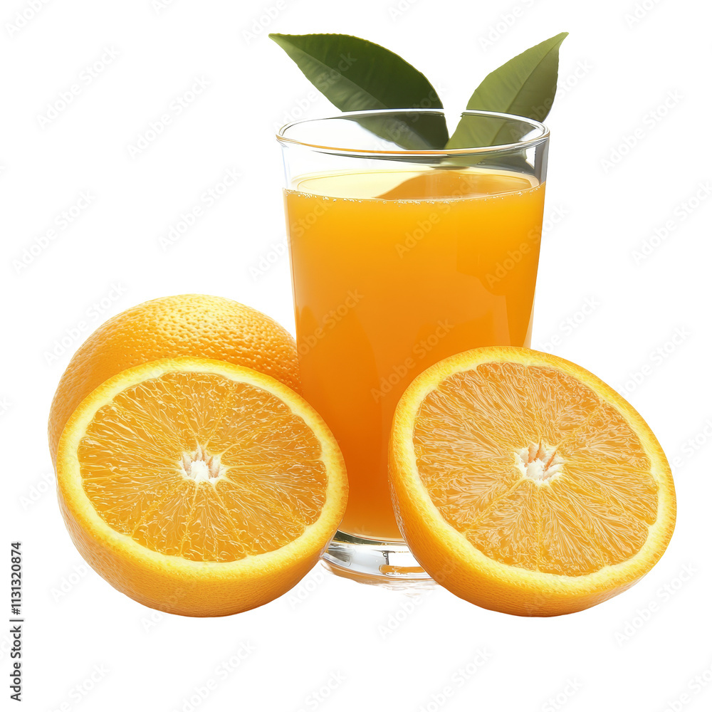 Poster fresh oranges and a glass of juice displayed on a transparent background for refreshing beverage ide