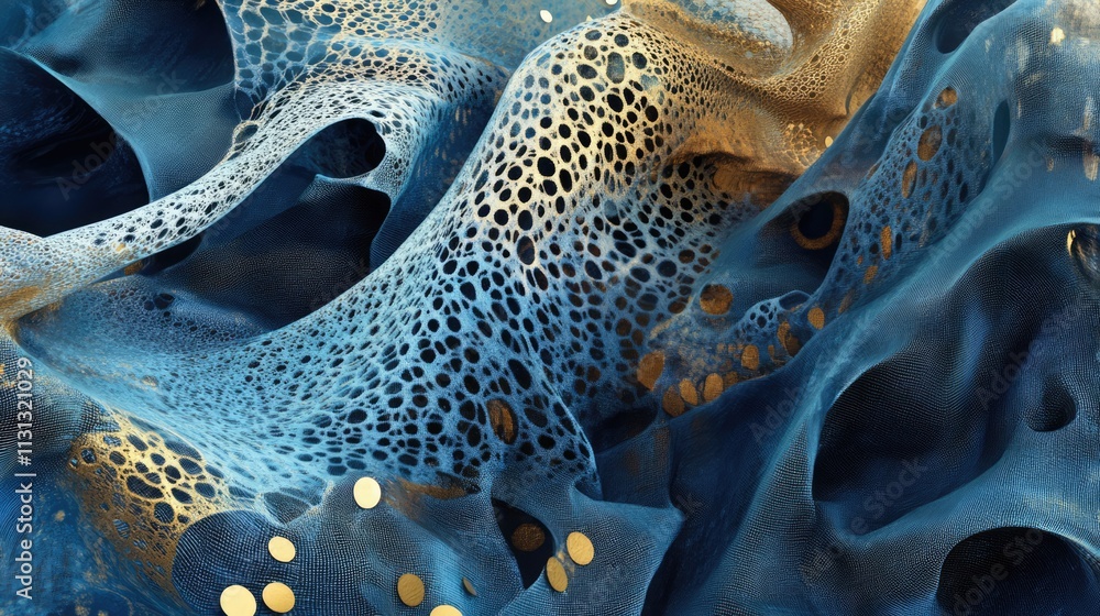 Poster abstract textile texture with intricate patterns in blue and gold tones showcasing depth and fluidit