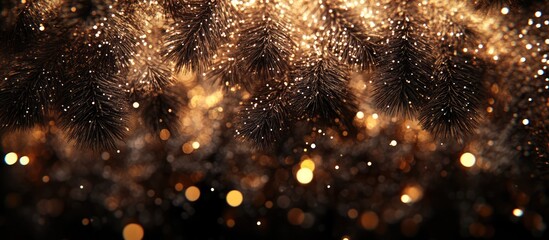 Naklejka premium Fluffy winter pine branches adorned with sparkling lights creating a magical holiday atmosphere for festive celebrations