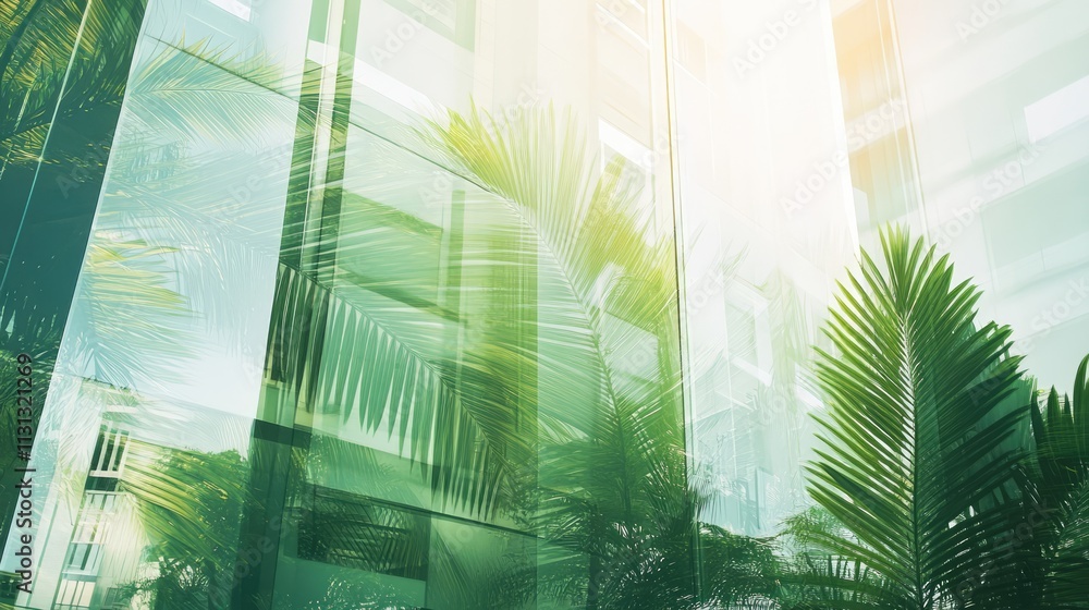 Poster modern architecture with palm leaves in a serene double exposure effect showcasing the harmony of na