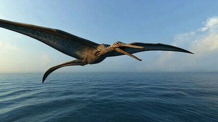 Pterodactyl Soaring Above The Sea: A majestic Pterodactyl with a wingspan of 10 feet, flying against a clear blue sky over a vast ocean. It's a thrilling and captivating sight to behold. 