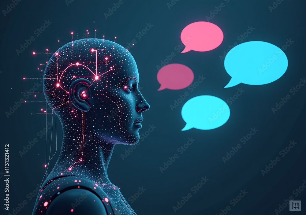 Poster artificial intelligence uses speech bubbles interactive discussions future technologies social