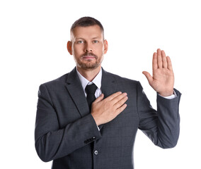 Man making promise with raised hand on white background. Oath gesture