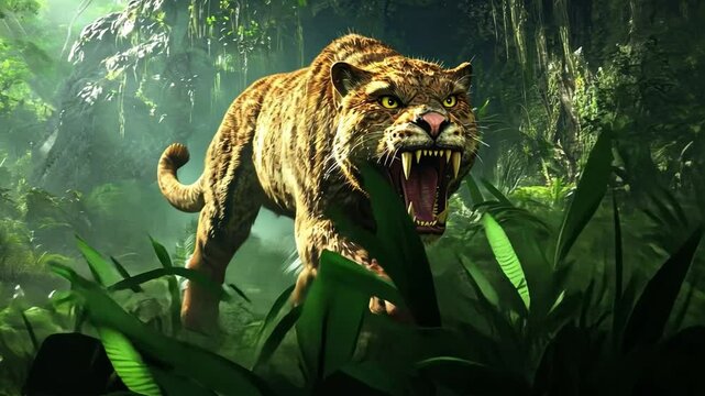 Smilodon's Shadow: A fearsome saber-toothed cat stalks through a lush, prehistoric jungle, its powerful presence filling the frame.  A dramatic depiction of nature's raw power.