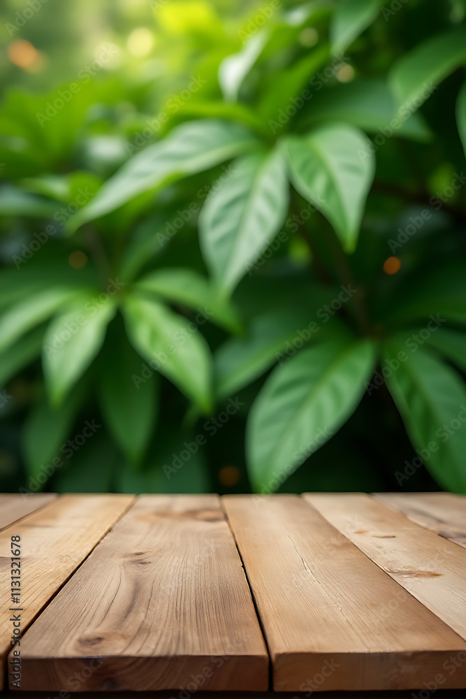Poster a real wood tabletop is set against a garden background featuring textures of leaves from various tr
