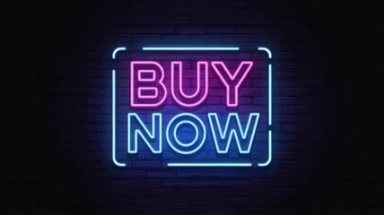 Obraz premium Neon BUY NOW Sign with Pink Glow on Brick Background