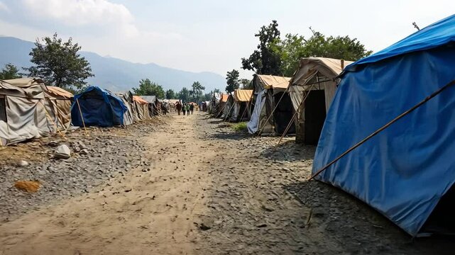 Temporary Refugee Camp: A dusty path winds through a row of makeshift tents, offering a glimpse into the lives of displaced people seeking refuge.