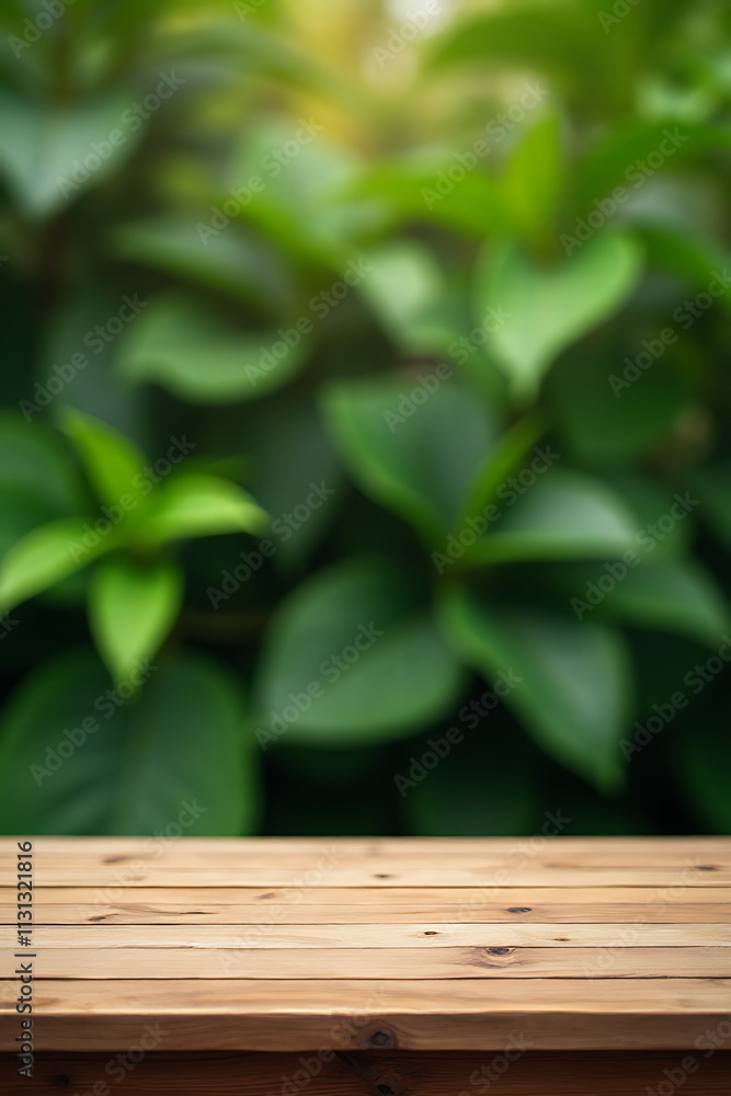 Poster a real wood tabletop is set against a garden background featuring textures of leaves from various tr