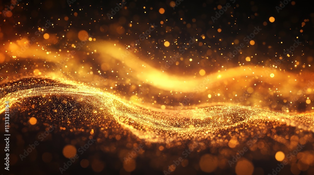 Fototapete Elegant golden wave particles with luminous sparkling effects creating a dynamic background for technology or artistic themes.