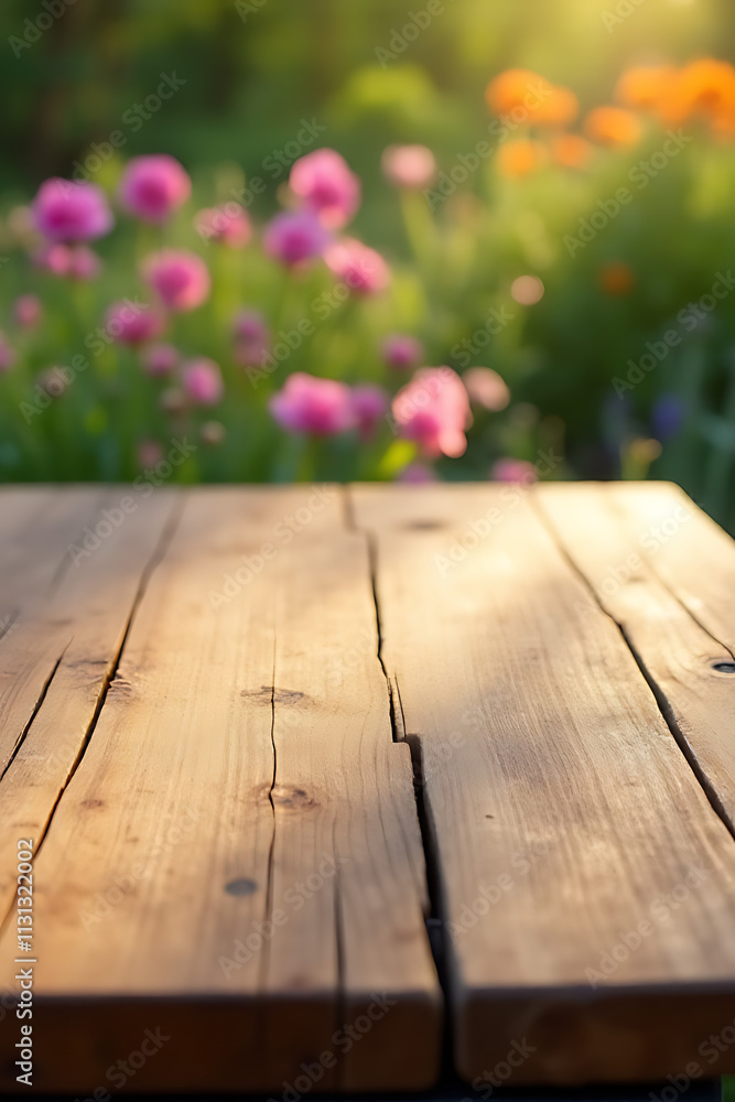 Poster A real wood table top features a textured design blended with subtle blur elements from a serene garden scene in floral colors._00002_
