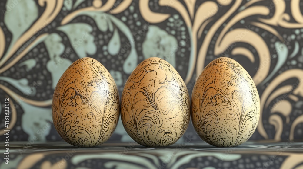 Poster decorative patterned eggs arranged in a row against an intricate background design showcasing artist