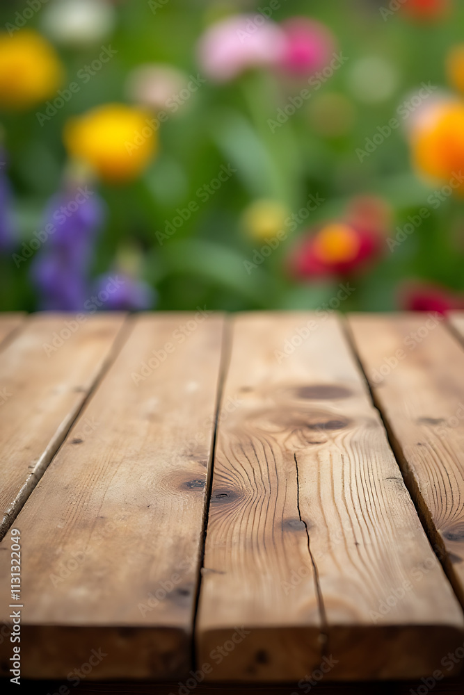 Poster A real wood table top features a textured design blended with subtle blur elements from a serene garden scene in floral colors._00001_