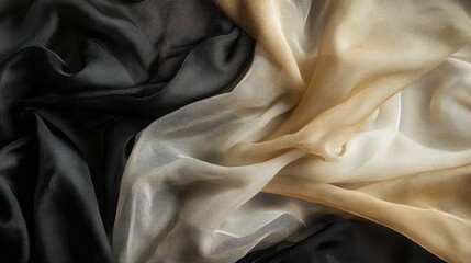 Fototapeta premium Elegant draped silk fabric textures in black and cream shades captured in a studio setting showcasing softness and luxury in textile design.