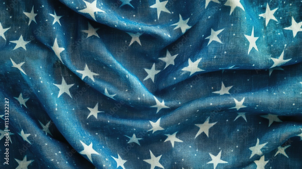 Poster blue fabric texture adorned with white stars creating a cozy and whimsical background design suitabl