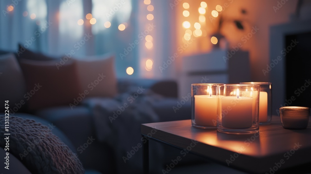 Poster warm and inviting living space featuring lit candles with soft bokeh lights in the background creati