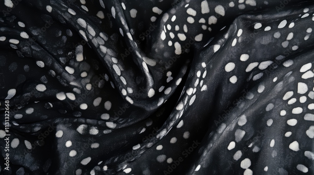 Poster silk fabric texture in black with abstract gray spots creating a striking visual contrast for elegan
