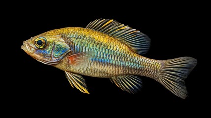 Fototapeta premium Dimidiochromis Compressiceps Vibrant African Cichlid Exotic Freshwater Fish Isolated on Black Background
