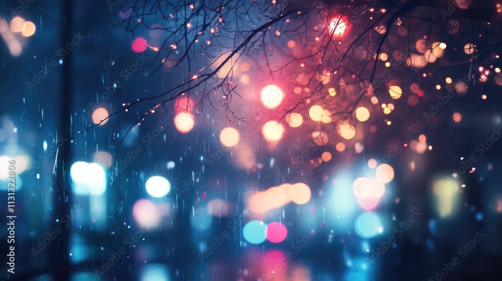 Poster bokeh lights and raindrops create a vibrant night scene with a digital network overlay for a modern 