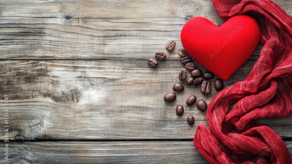 Aufkleber red heart fabric and coffee beans arranged on a rustic wooden surface with a red scarf adding warmth
