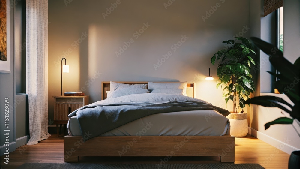 Aufkleber a modest guest room highlighted by a light wood bed frame dressed in crisp linens. a small wooden wr