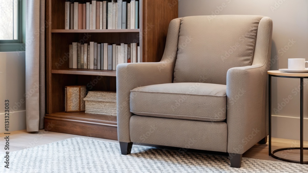 Aufkleber A cozy reading nook defined by a large fabric armchair in muted tones positioned beside a tall bookshelf filled with books. A small side table holds a steaming mug and a soft