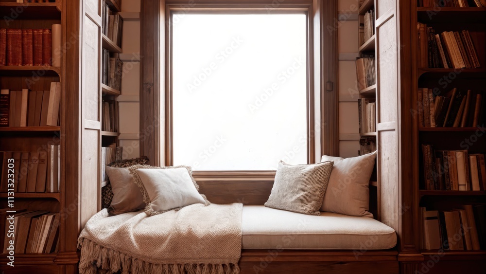 Poster A cozy reading nook with a large window seat cushioned with a soft neutral fabric and adorned with layered textures including a woven throw and plush pillows surrounded by