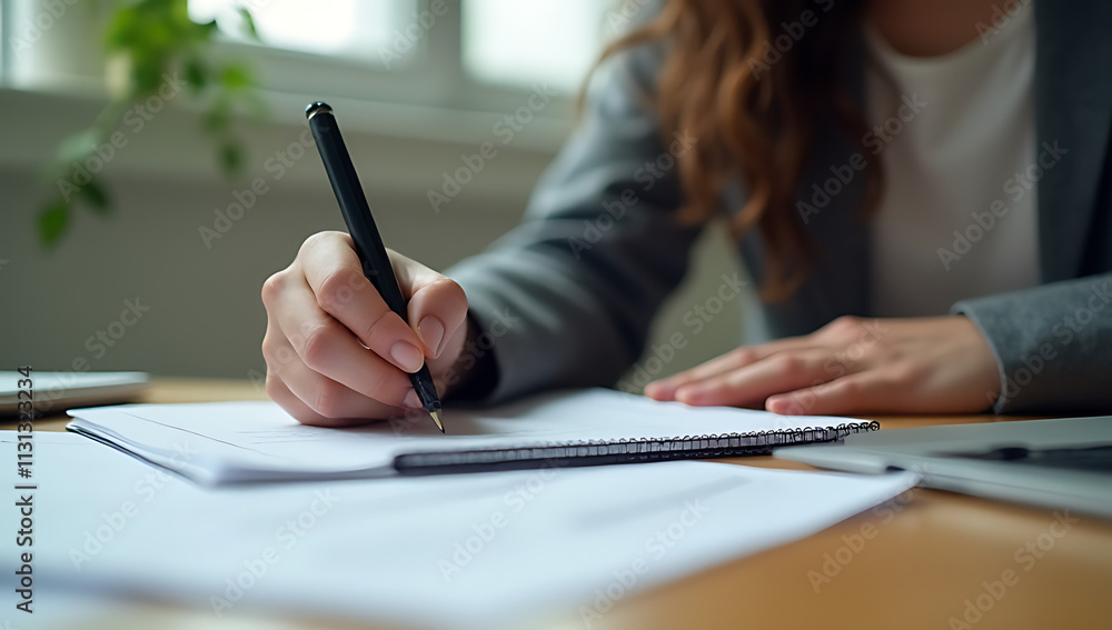 Poster a person is sitting at a desk, using a notepad and paper to work towards business success concepts i