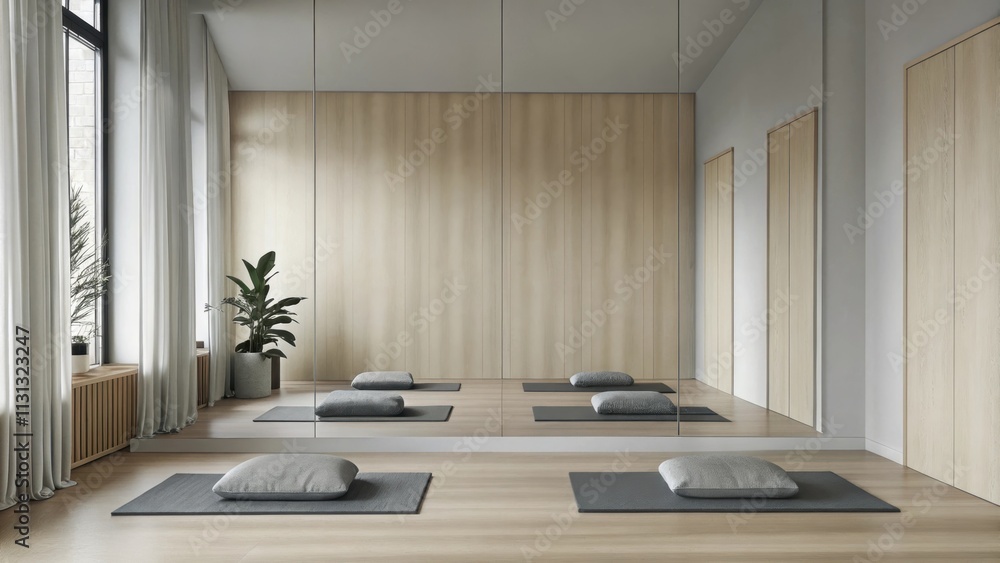 Poster A calming yoga space with soft natural bamboo flooring and a few wellp cushions. A large unobtrusive mirror reflects the simplicity of the room while soft lighting enhances the