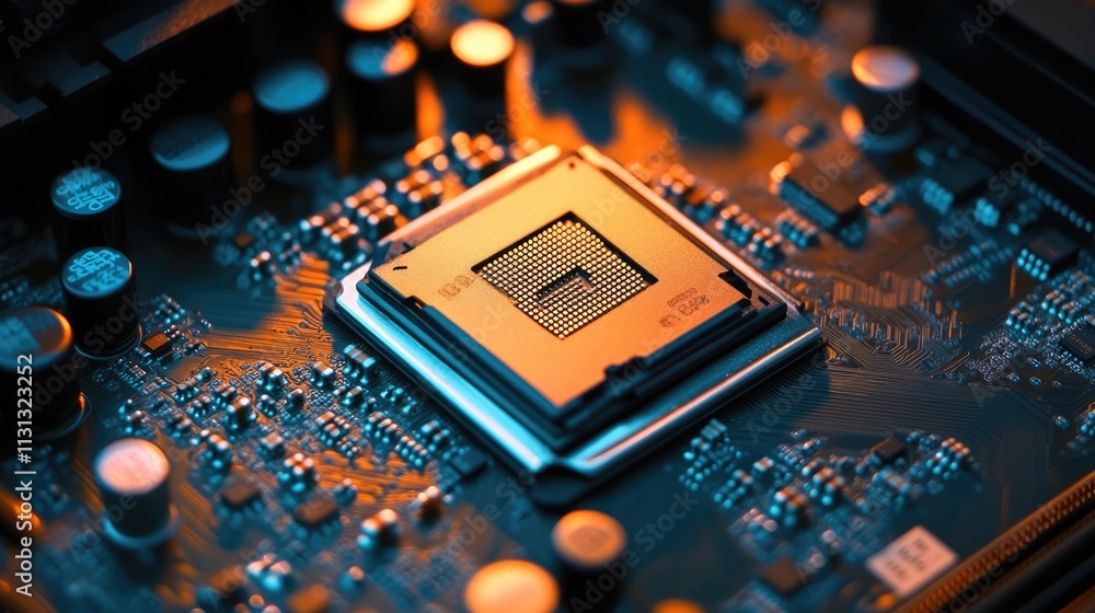 Poster cpu microprocessor on motherboard with intricate electronic components and warm lighting background 