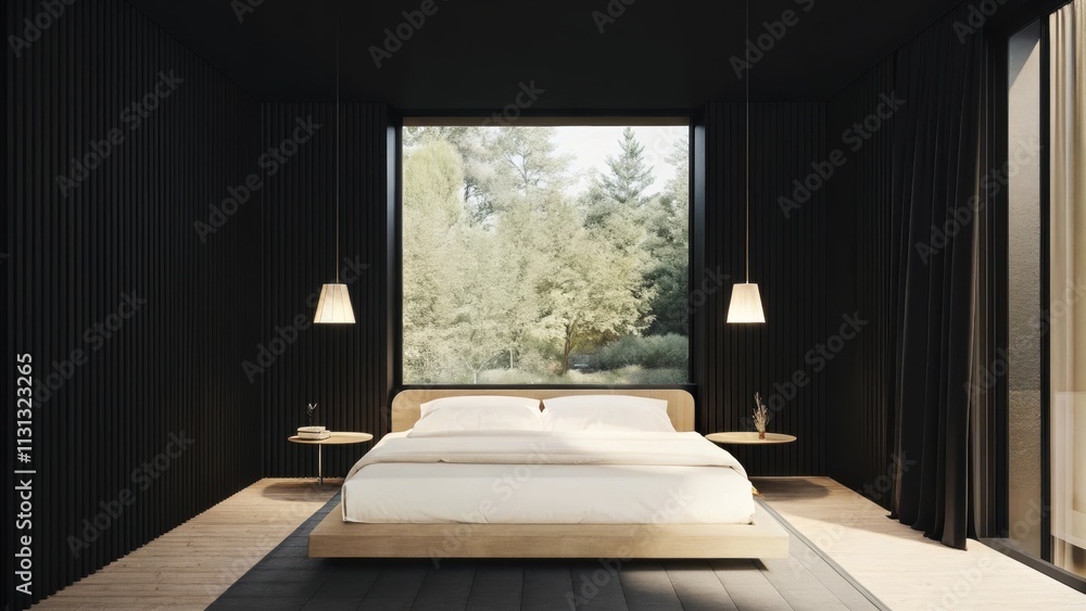 Poster An airy bedroom showcasing a platform bed with crisp white linens flanked by floating wooden nightstands with a single pendant light hanging above and a large window that offers a